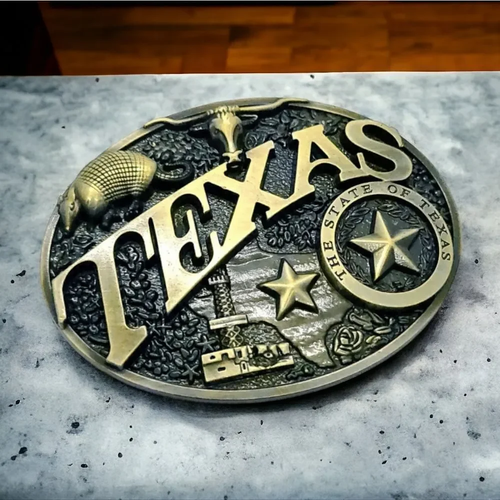 Texas Western Belt Buckle Lone Star Longhorn Armadillo Oil Well Antique Brass